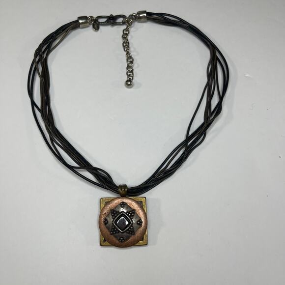 Chico's pendant necklace signed costume jewelry mixed metals on cord - Picture 3 of 16